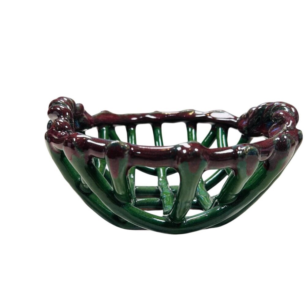 Handwoven Ceramic Basket Fruit Bowl Green Glaze Braided Art Kitchen Purple